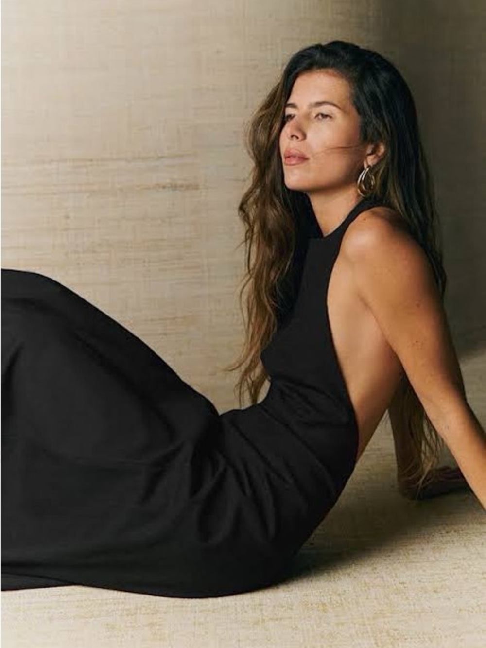 Sezane Black Linen Halter Maxi Dress
